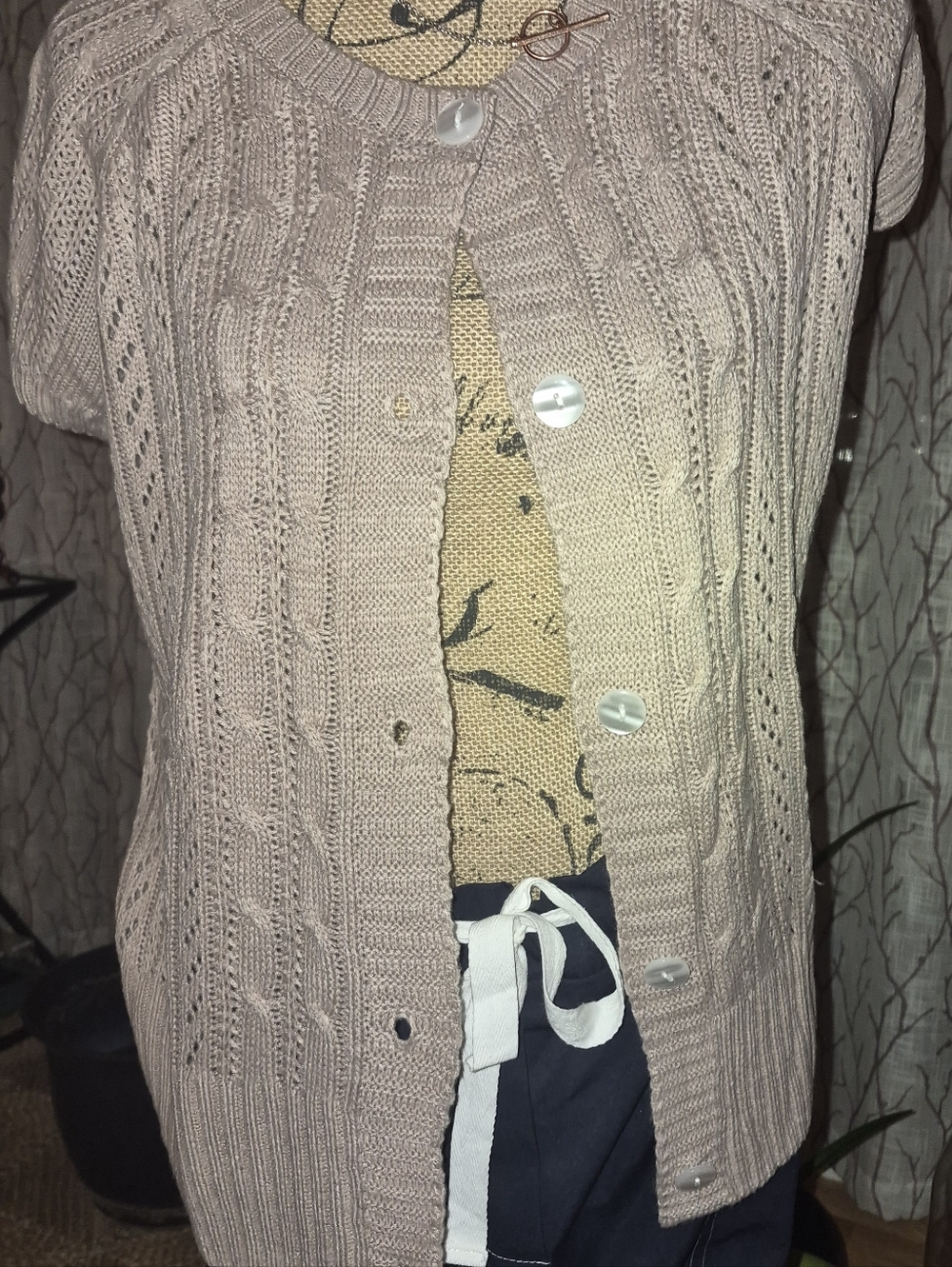Women's Cable Knit Short-Sleeve Cardigan Sweater - Light Taupe